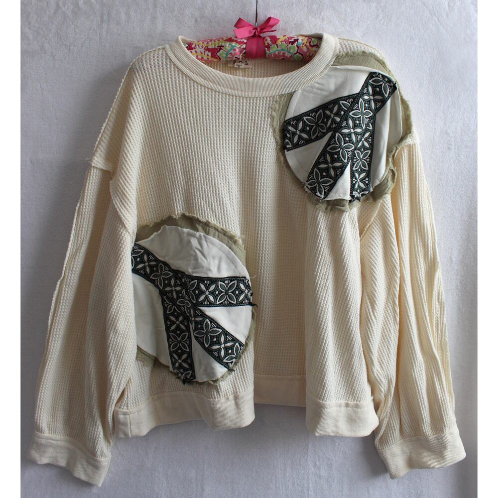 NWOT POL Oversized Thermal Knit Long Sleeve Top in Cream, Style UKT403, Sz L
